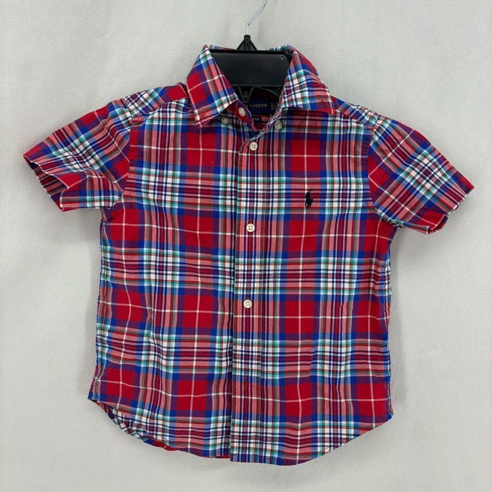 Ralph Lauren kids boys toddler 3T short sleeve button down shirt red blue collar
